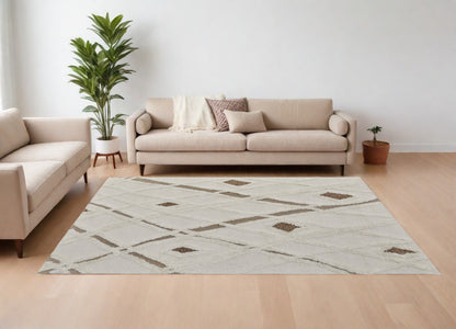 8 x 10 Ivory Taupe & Brown Wool Geometric Hand Tufted Rug
