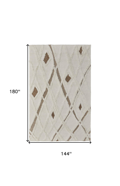 12 x 15 Ivory Taupe & Brown Wool Geometric Hand Tufted Rug