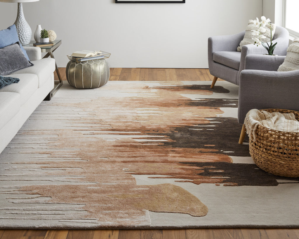 9 x 12 Tan Brown & Orange Hand Tufted Rug