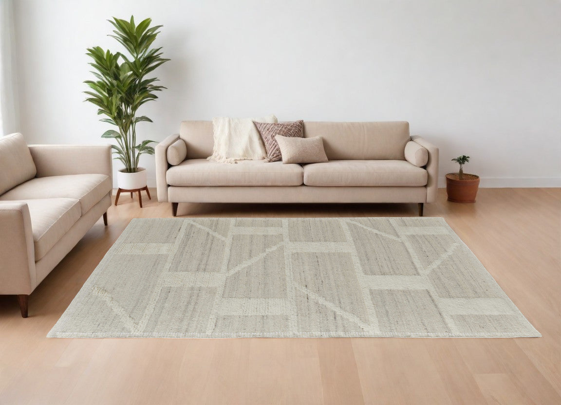 8 x 10 Tan & Ivory Wool Geometric Hand Woven Rug