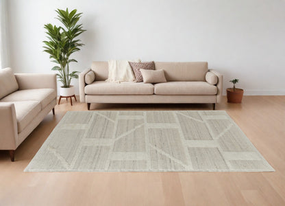 8 x 10 Tan & Ivory Wool Geometric Hand Woven Rug