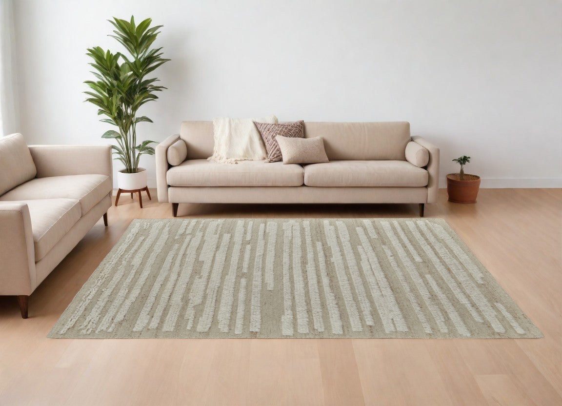 8 x 10 White & Tan Wool Striped Hand Woven Rug