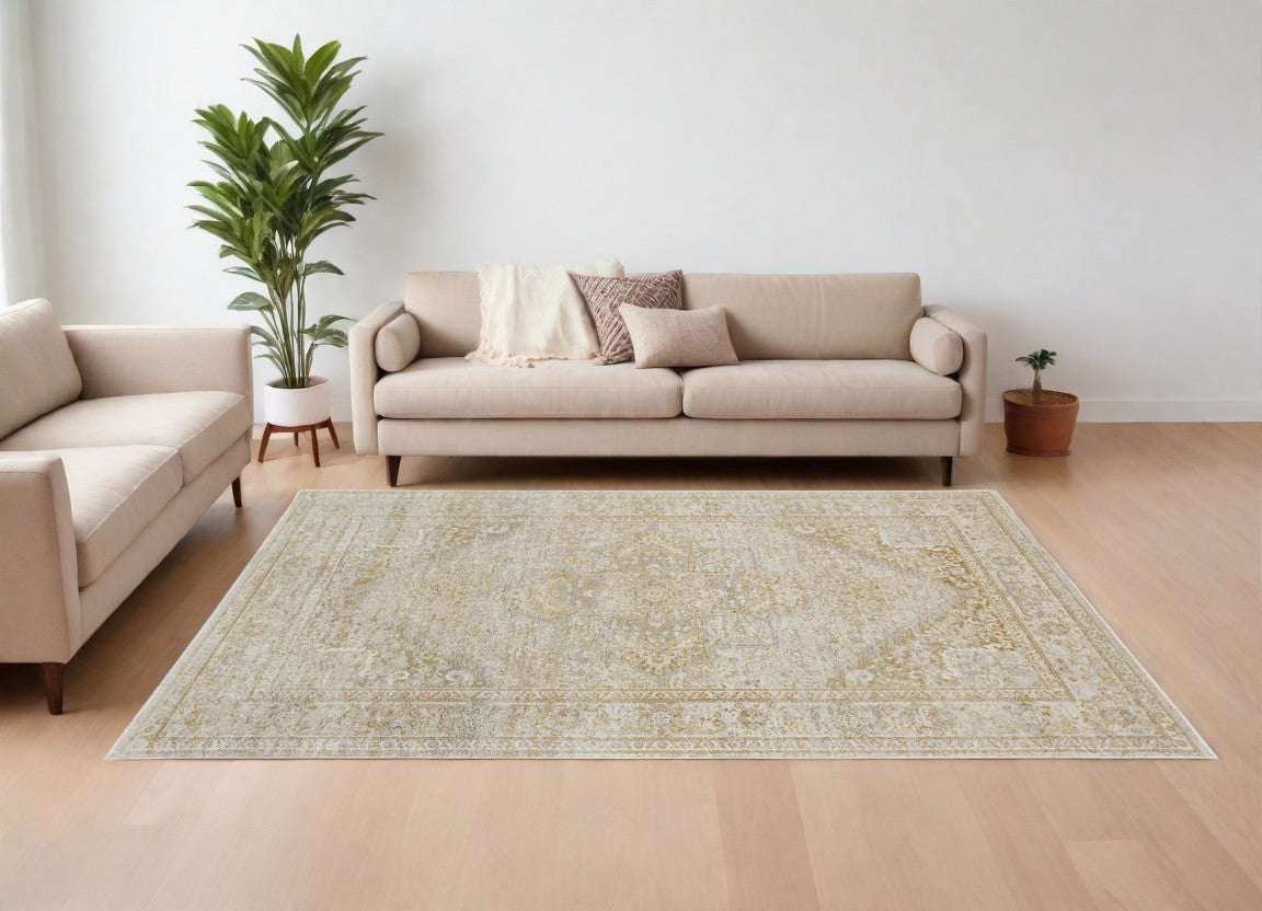 8 x 10 Ivory & Gold Oriental Power Loom Rug