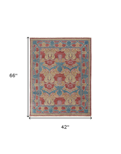 4 x 6 Blue Red & Yellow Wool Oriental Hand Knotted Rug