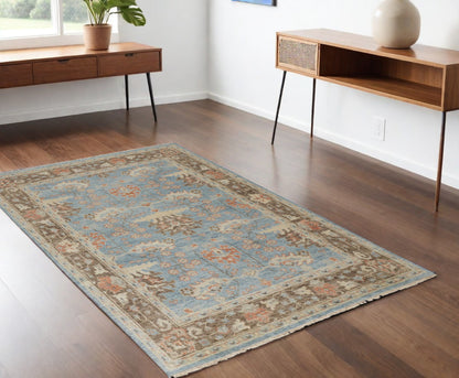 4 x 6 Brown & Blue Wool Oriental Hand Knotted Rug