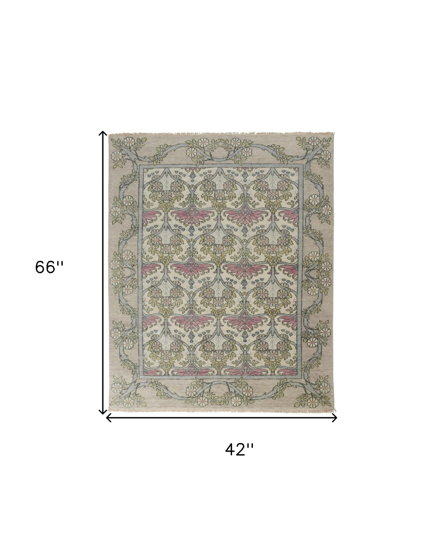 4 x 6 Ivory Gray & Pink Wool Floral Hand Knotted Rug