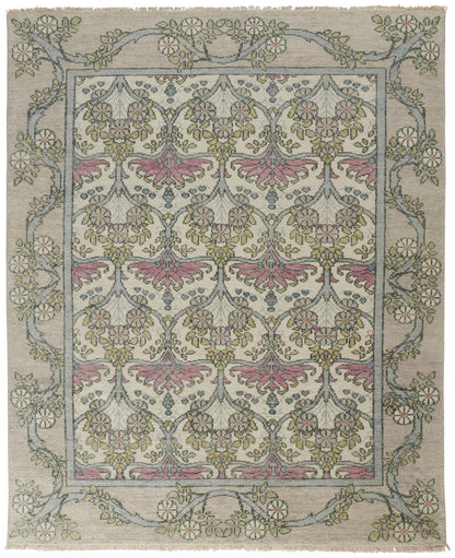 4 x 6 Ivory Gray & Pink Wool Floral Hand Knotted Rug
