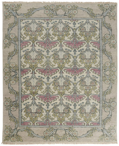 12 x 15 Ivory Gray & Pink Wool Floral Hand Knotted Rug