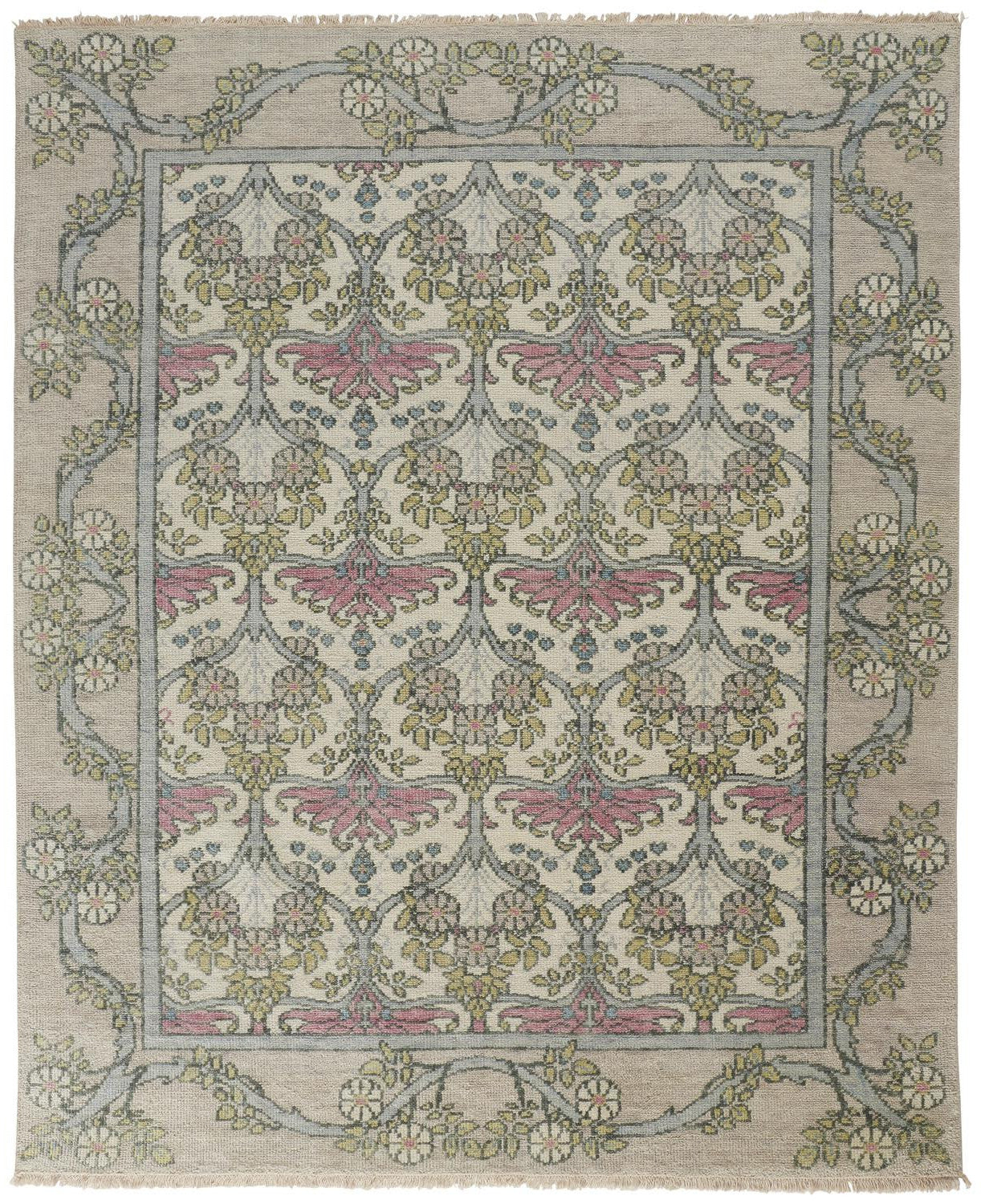 12 x 15 Ivory Gray & Pink Wool Floral Hand Knotted Rug
