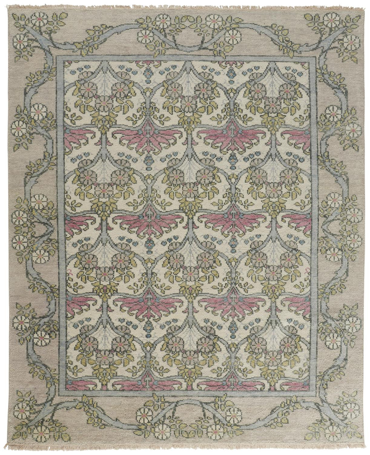 12 x 15 Ivory Gray & Pink Wool Floral Hand Knotted Rug