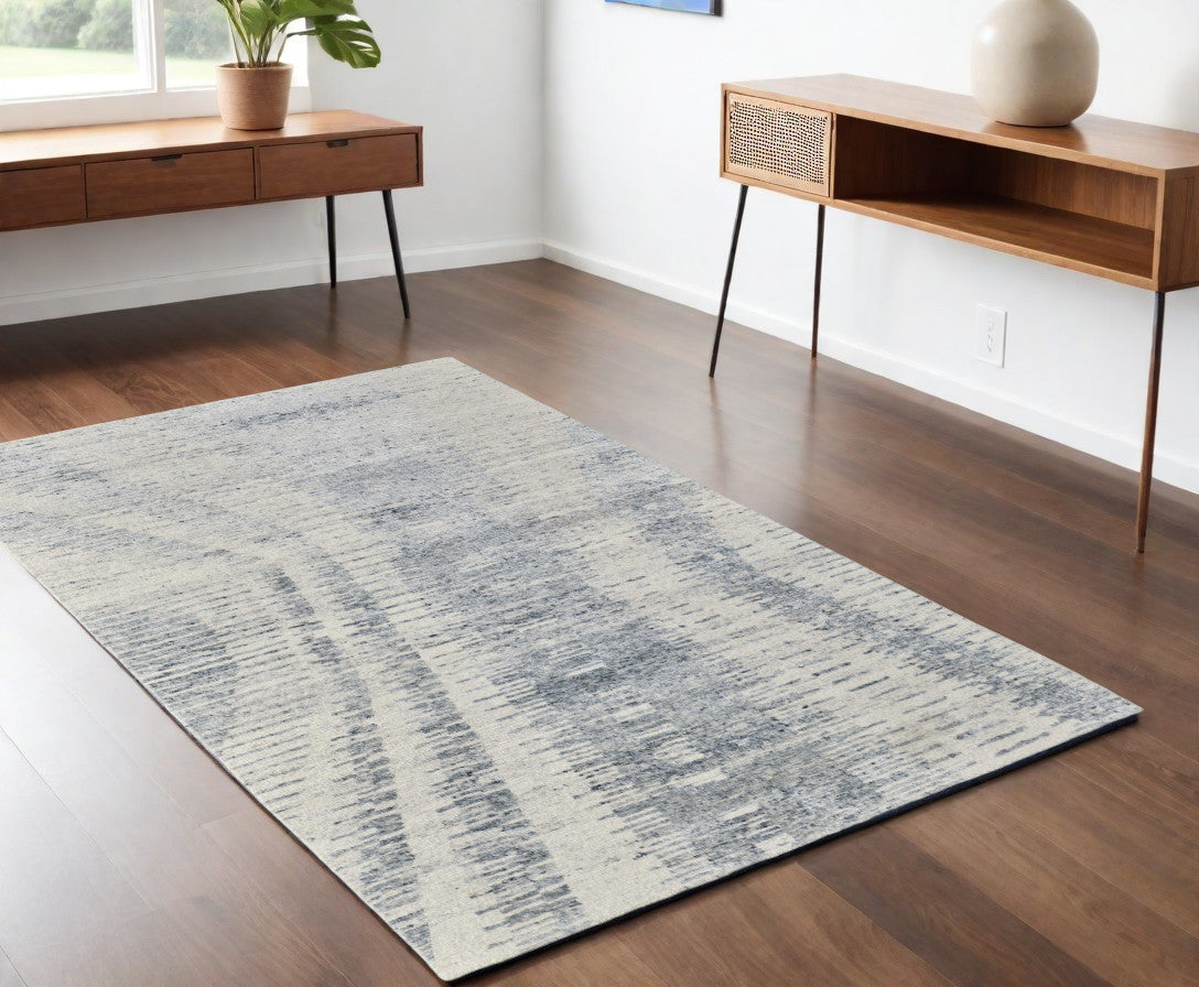 4 x 6 Ivory Gray & Blue Hand Knotted Rug