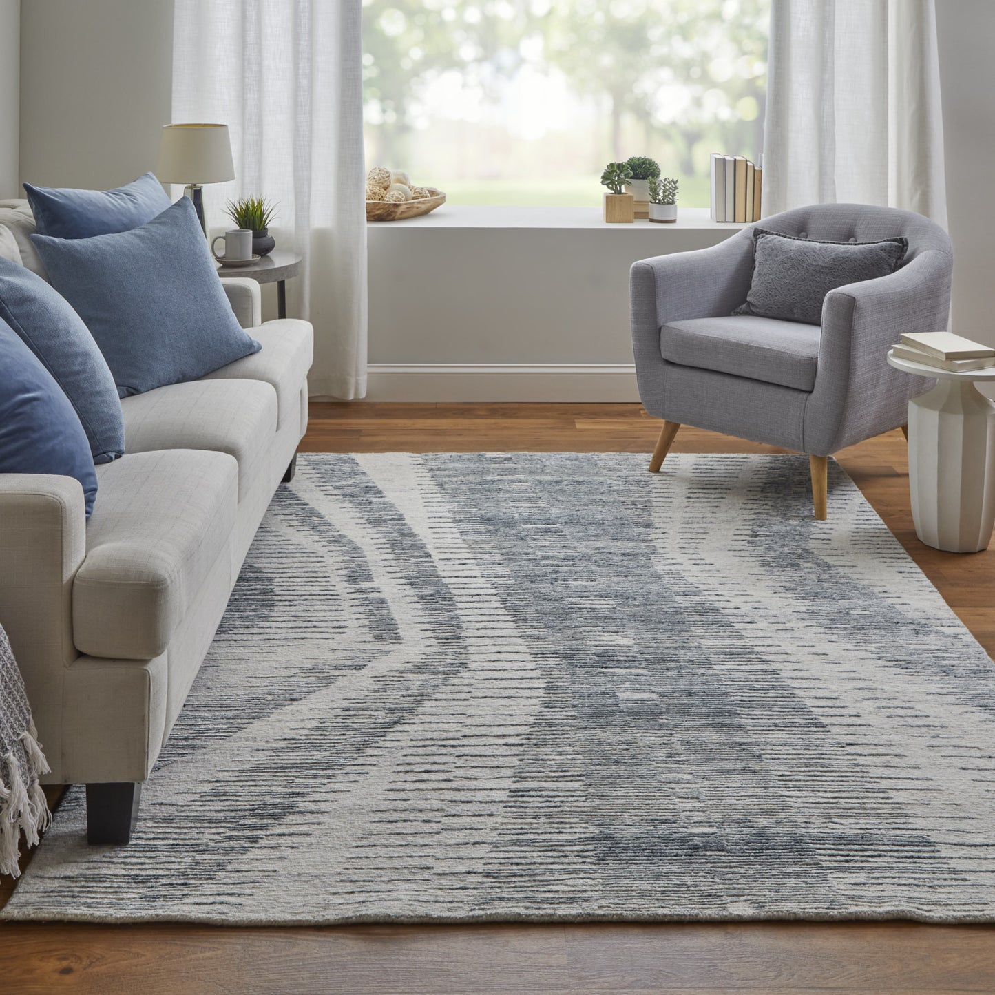12 x 15 Ivory Gray & Blue Hand Knotted Rug