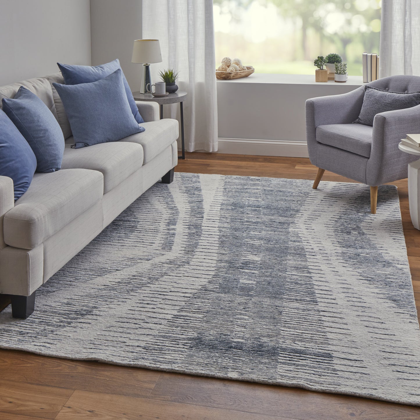 12 x 15 Ivory Gray & Blue Hand Knotted Rug