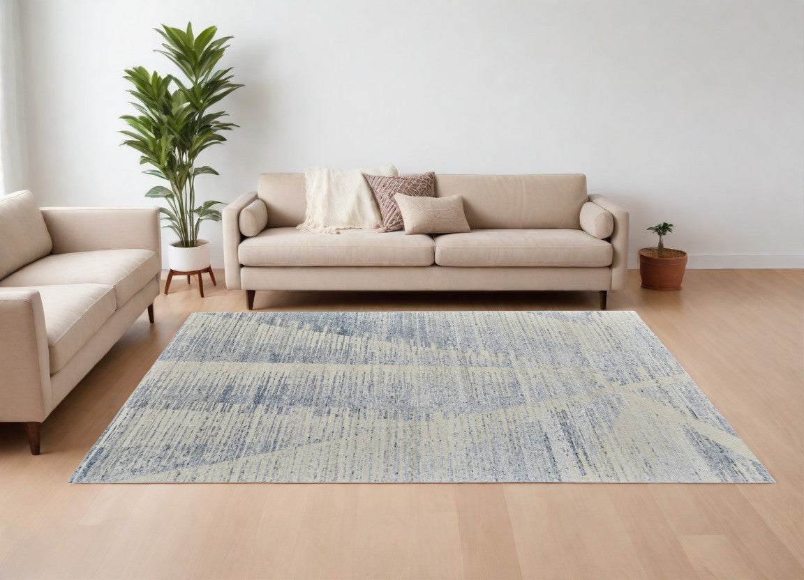 8 x 10 Ivory & Blue Hand Knotted Rug