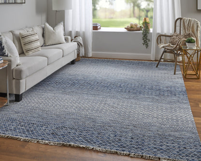 8 x 10 Ivory Gray & Blue Wool Hand Knotted Rug With Fringe