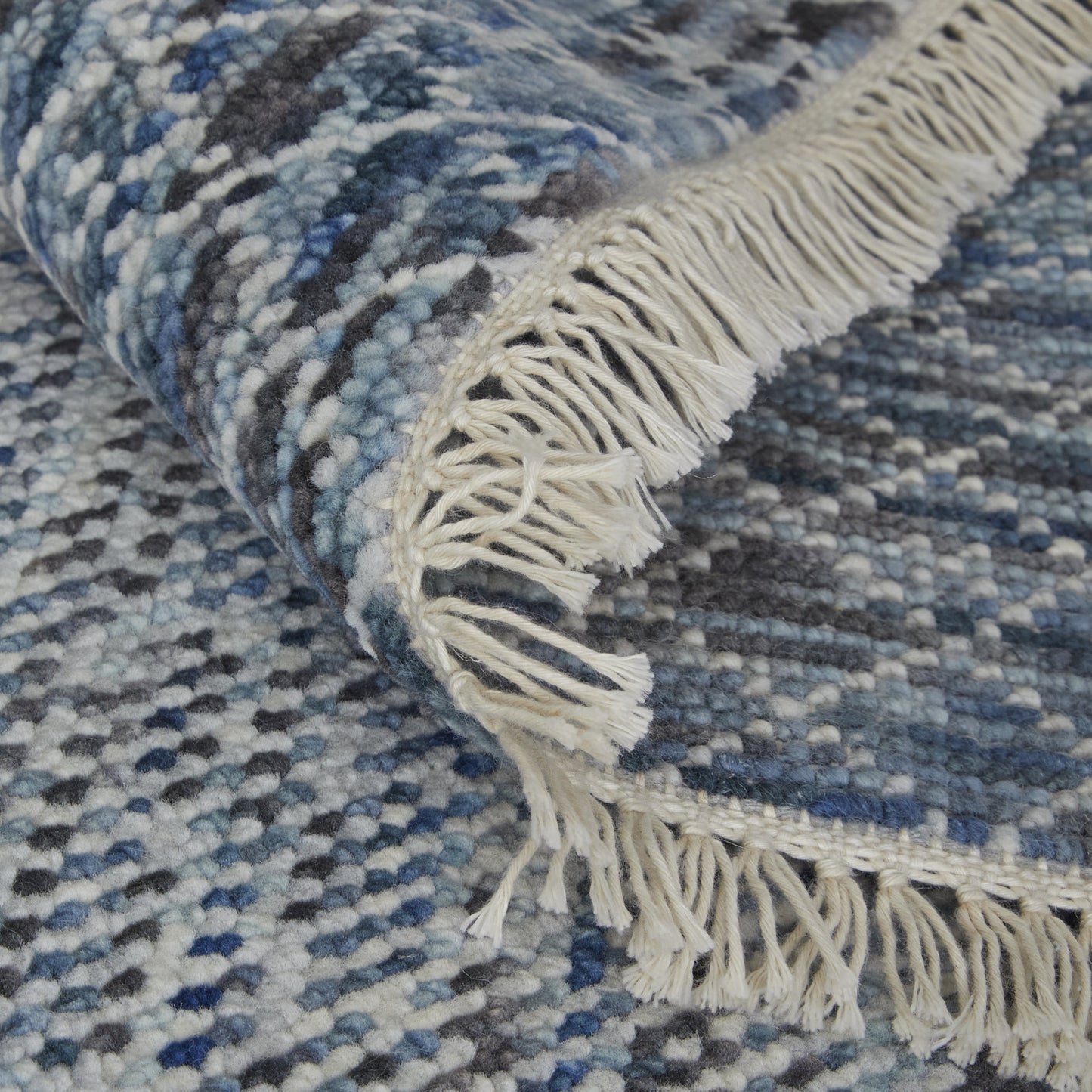8 x 10 Ivory Gray & Blue Wool Hand Knotted Rug With Fringe