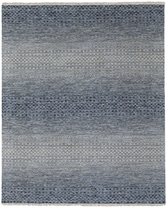 8 x 10 Ivory Gray & Blue Wool Hand Knotted Rug With Fringe