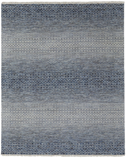 8 x 10 Ivory Gray & Blue Wool Hand Knotted Rug With Fringe