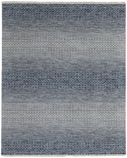 8 x 10 Ivory Gray & Blue Wool Hand Knotted Rug With Fringe
