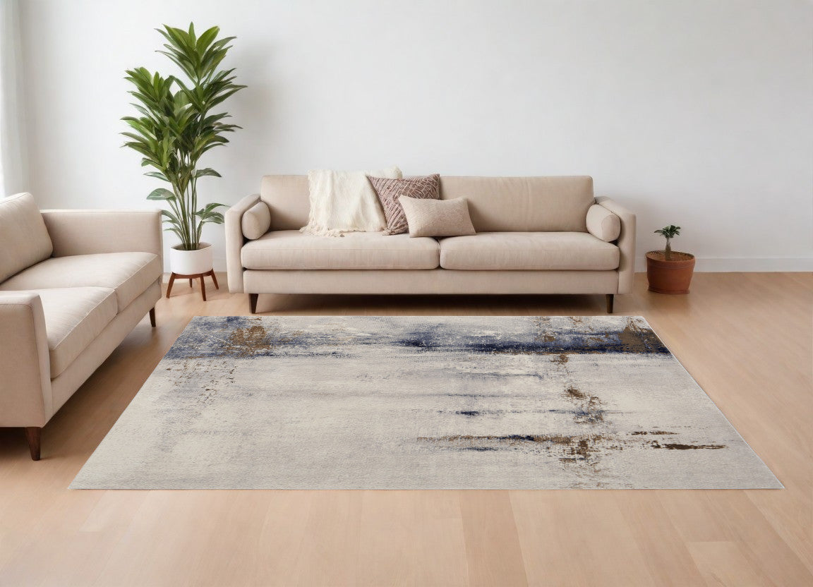 10 x 13 Ivory Blue & Brown Power Loom Rug