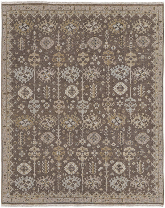 4 x 6 Tan & Brown Wool Oriental Hand Knotted Rug With Fringe