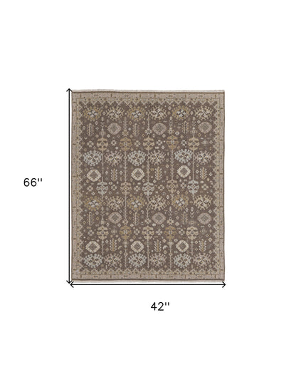 4 x 6 Tan & Brown Wool Oriental Hand Knotted Rug With Fringe