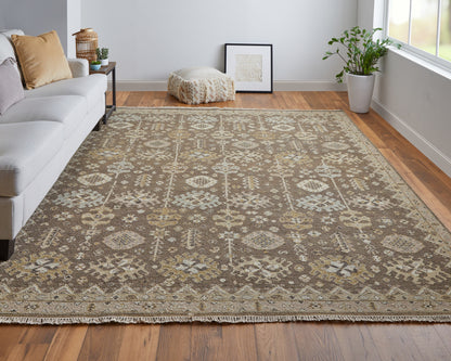 4 x 6 Tan & Brown Wool Oriental Hand Knotted Rug With Fringe