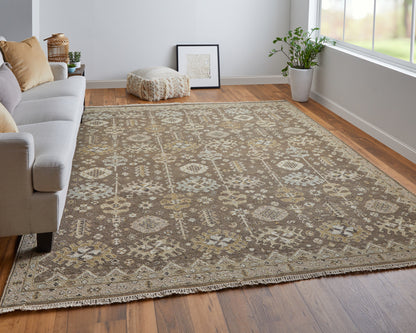 12 x 15 Tan & Brown Wool Oriental Hand Knotted Rug With Fringe