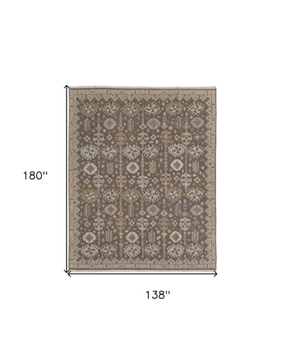 12 x 15 Tan & Brown Wool Oriental Hand Knotted Rug With Fringe
