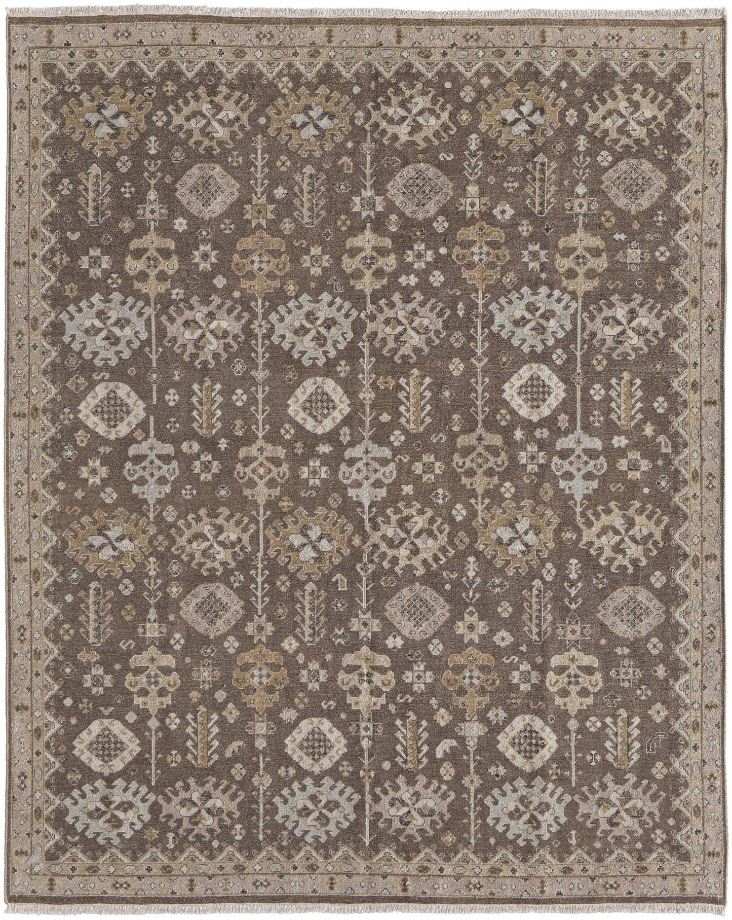 12 x 15 Tan & Brown Wool Oriental Hand Knotted Rug With Fringe