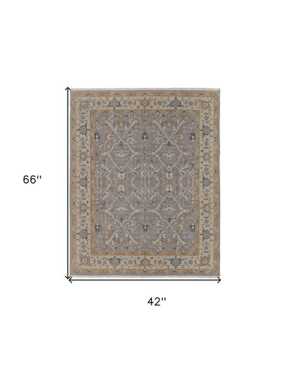 4 x 6 Tan & Gray Wool Oriental Hand Knotted Rug With Fringe