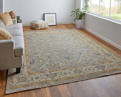 4 x 6 Tan & Gray Wool Oriental Hand Knotted Rug With Fringe