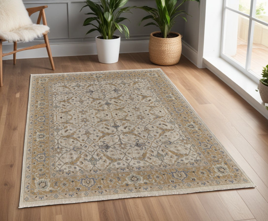 4 x 6 Ivory Gray & Tan Wool Oriental Hand Knotted Rug With Fringe