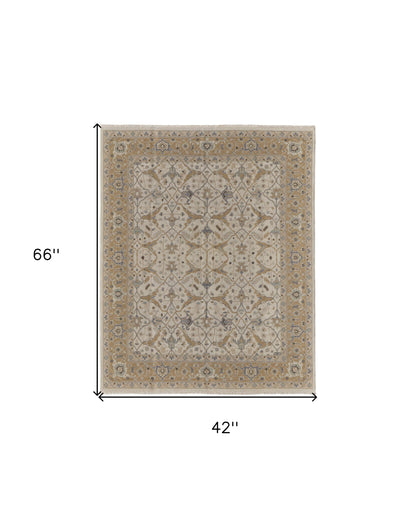 4 x 6 Ivory Gray & Tan Wool Oriental Hand Knotted Rug With Fringe