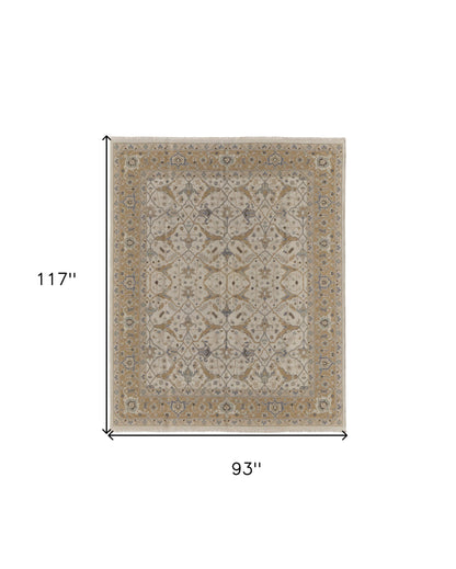 8 x 10 Ivory Gray & Tan Wool Oriental Hand Knotted Rug With Fringe