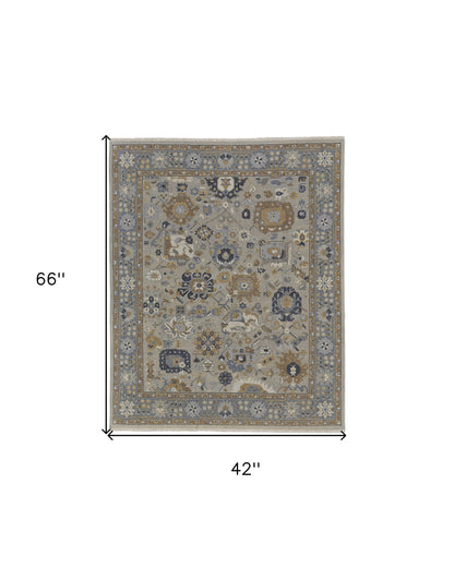4 x 6 Gray & Brown Wool Oriental Hand Knotted Rug With Fringe