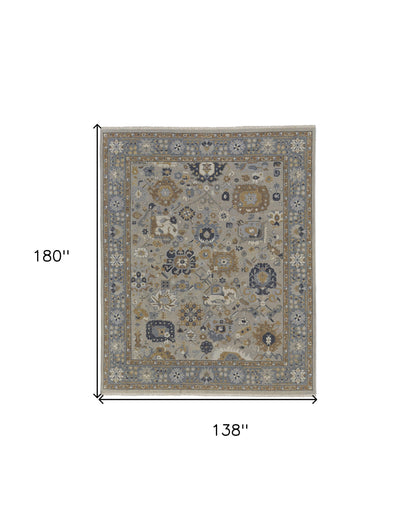 12 x 15 Gray & Brown Wool Oriental Hand Knotted Rug With Fringe