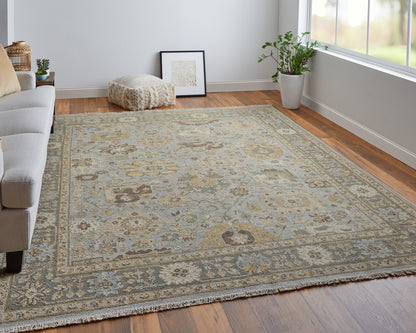 8 x 10 Gray & Brown Wool Oriental Hand Knotted Rug With Fringe