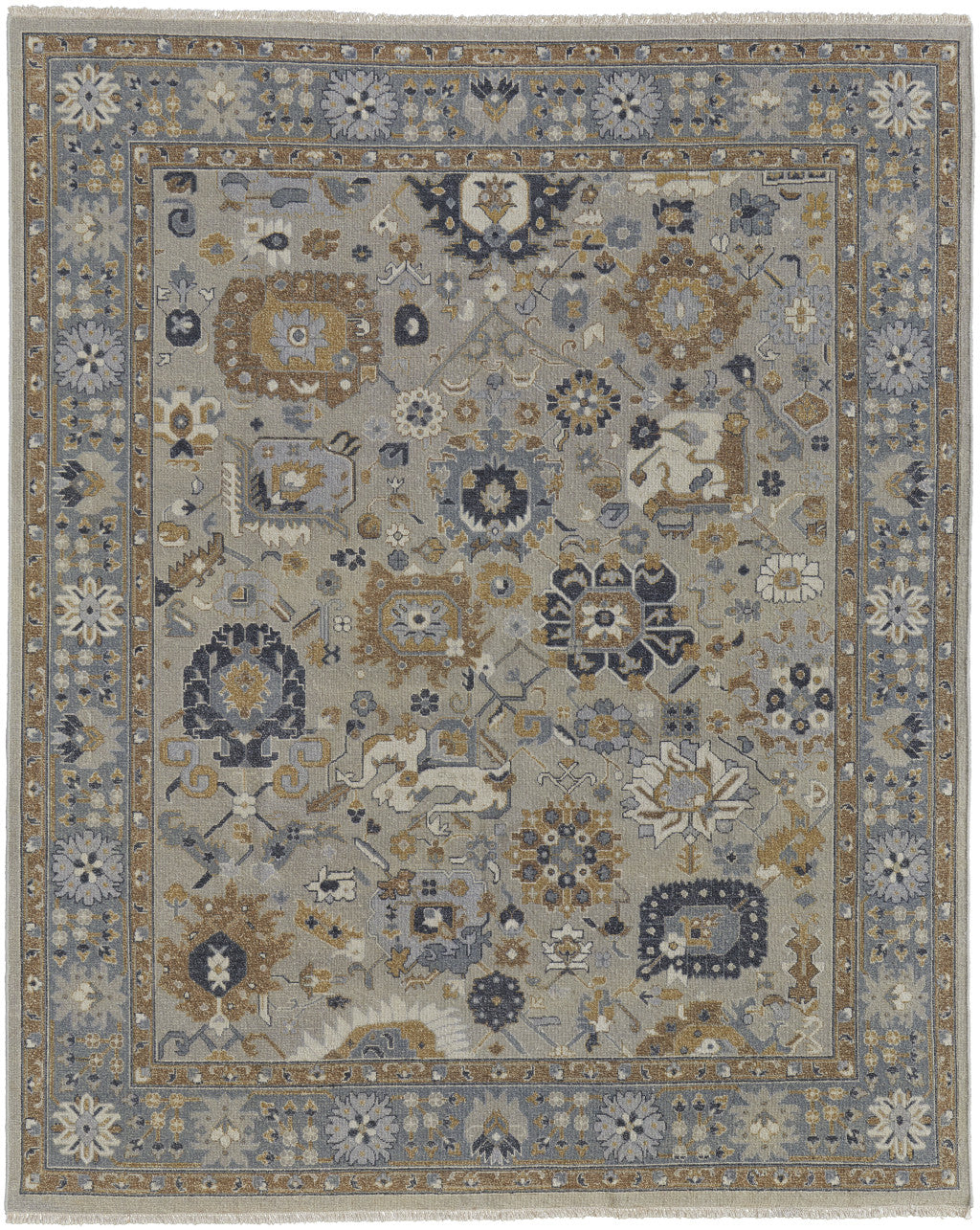 12 x 15 Gray & Brown Wool Oriental Hand Knotted Rug With Fringe