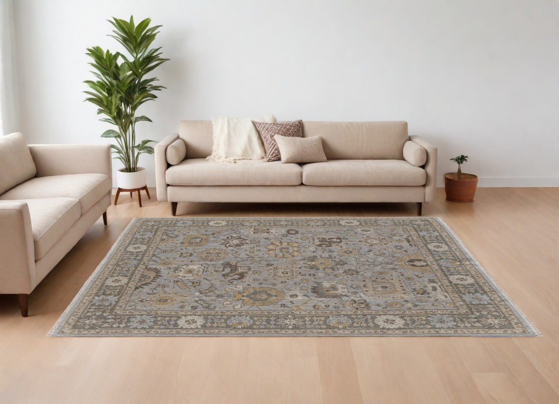 12 x 15 Gray & Brown Wool Oriental Hand Knotted Rug With Fringe