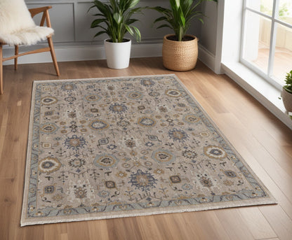 4 x 6 Tan Brown & Gray Wool Oriental Hand Knotted Rug With Fringe