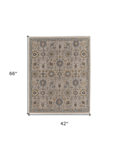4 x 6 Tan Brown & Gray Wool Oriental Hand Knotted Rug With Fringe