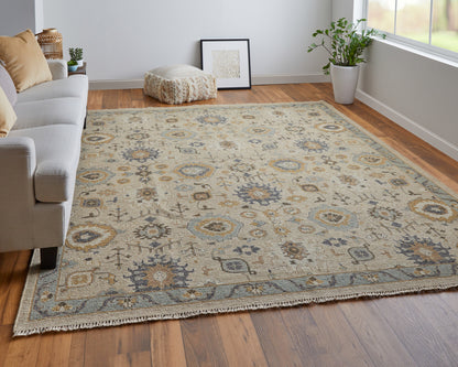4 x 6 Tan Brown & Gray Wool Oriental Hand Knotted Rug With Fringe