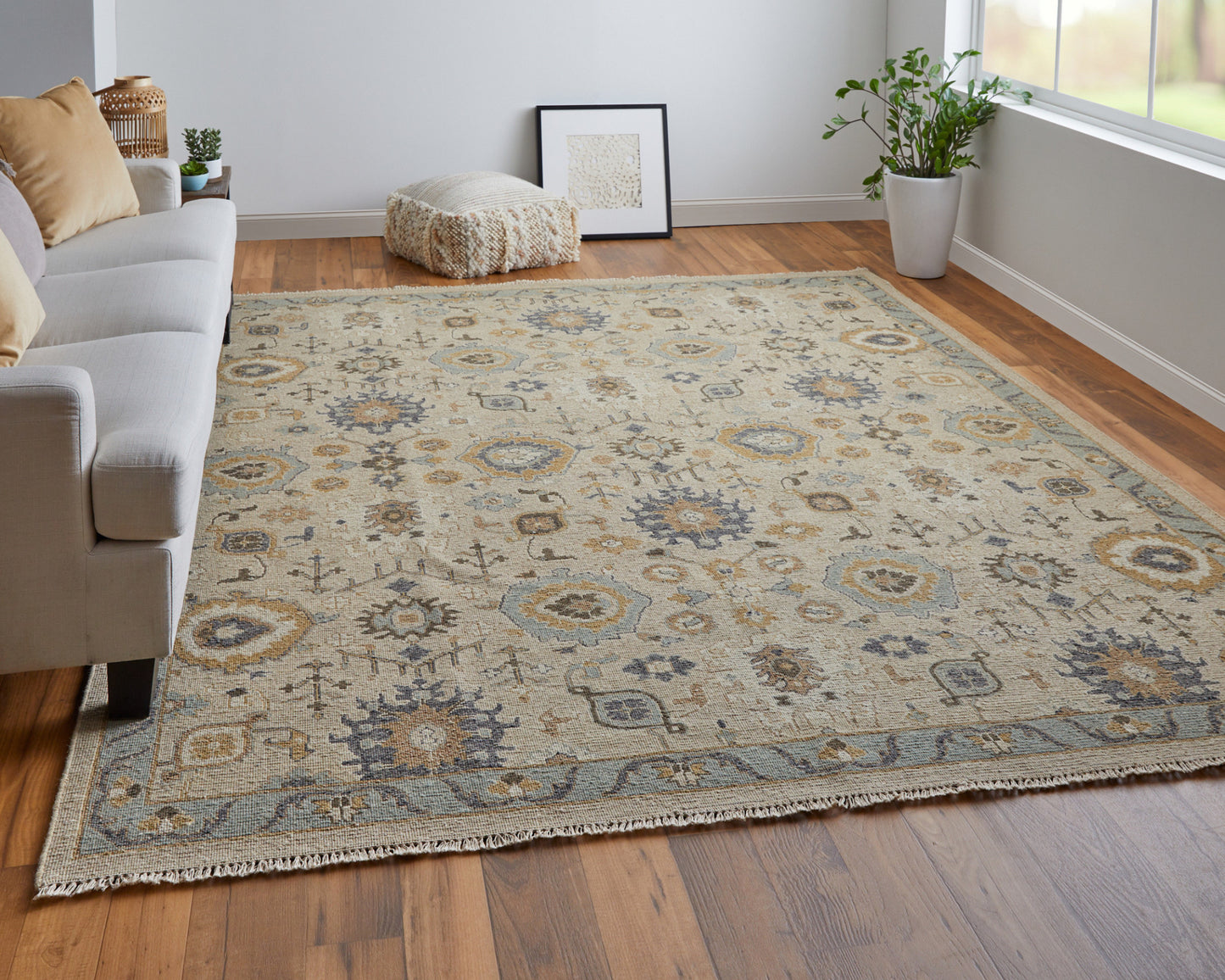 12 x 15 Tan Brown & Gray Wool Oriental Hand Knotted Rug With Fringe