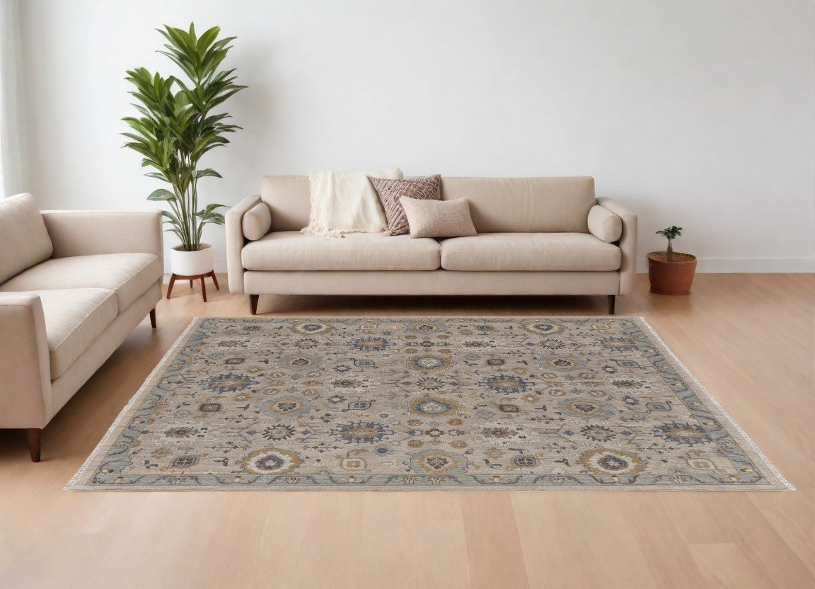 12 x 15 Tan Brown & Gray Wool Oriental Hand Knotted Rug With Fringe