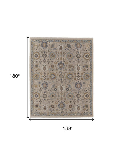 12 x 15 Tan Brown & Gray Wool Oriental Hand Knotted Rug With Fringe
