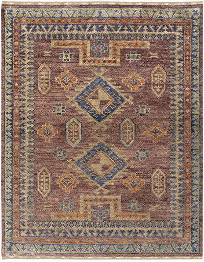 4 x 6 Blue Red & Tan Wool Geometric Hand Knotted Rug With Fringe