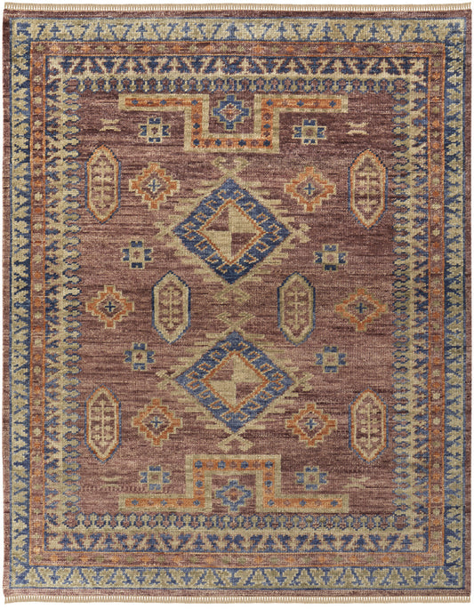 4 x 6 Blue Red & Tan Wool Geometric Hand Knotted Rug With Fringe