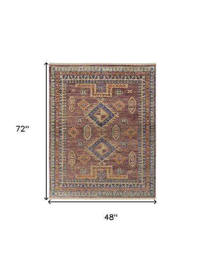 4 x 6 Blue Red & Tan Wool Geometric Hand Knotted Rug With Fringe