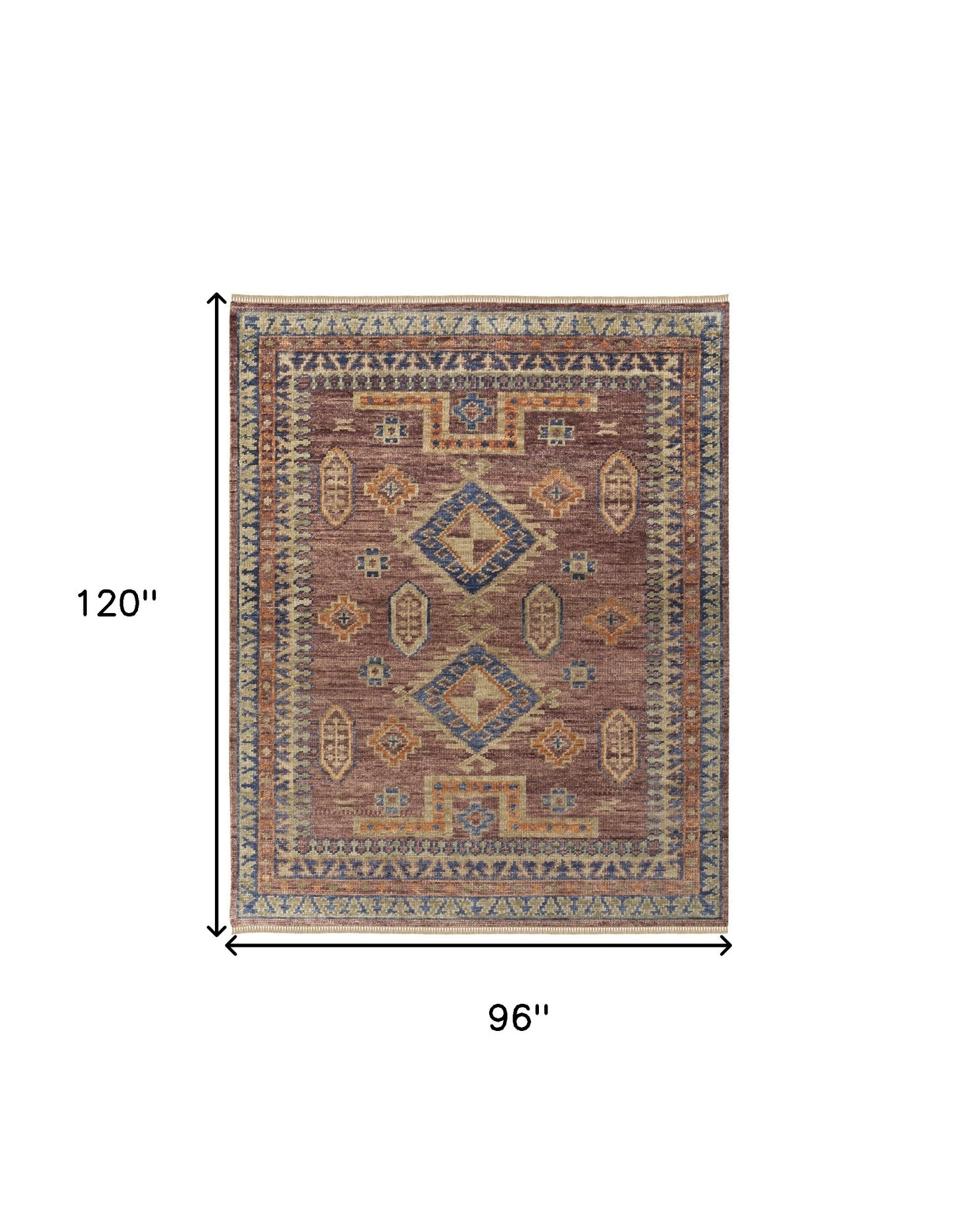 8 x 10 Blue Red & Tan Wool Geometric Hand Knotted Rug With Fringe